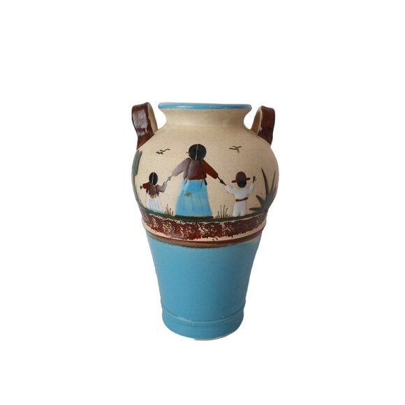 Vintage Tonala Pottery Vase Mother & Children Hand Painted Signed Mexico 8.5" - Picture 1 of 7